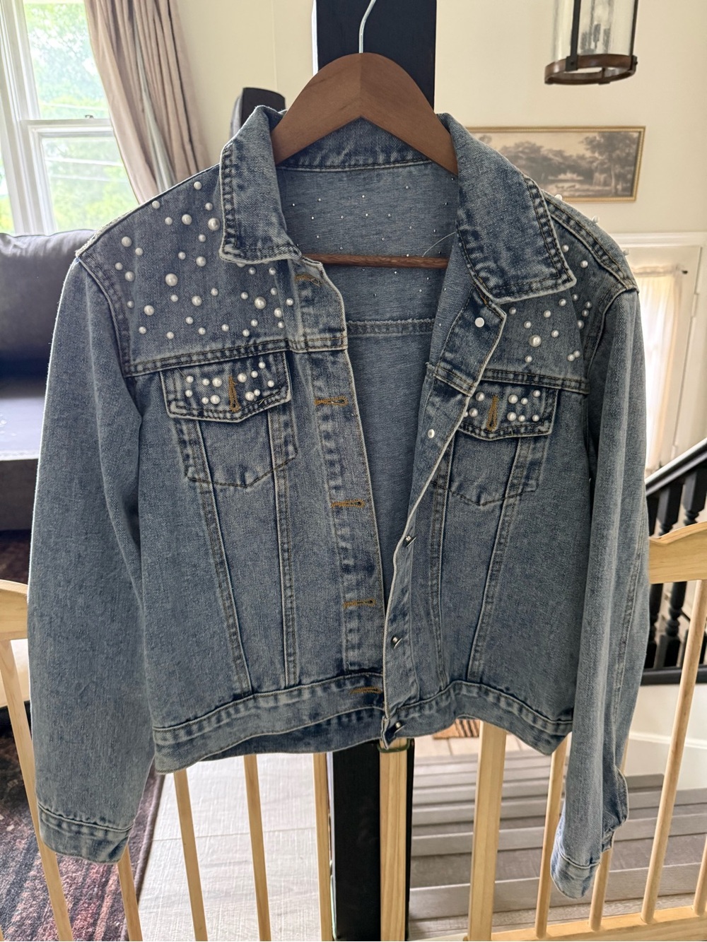 Pearl-Embellished Light Blue Denim Jacket